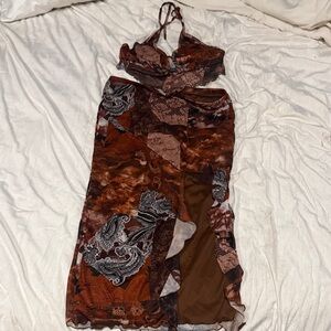Brown and Black Paisley Patchwork Halter Dress SHEIN Size L